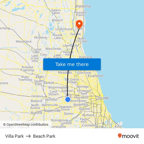 Villa Park to Beach Park map