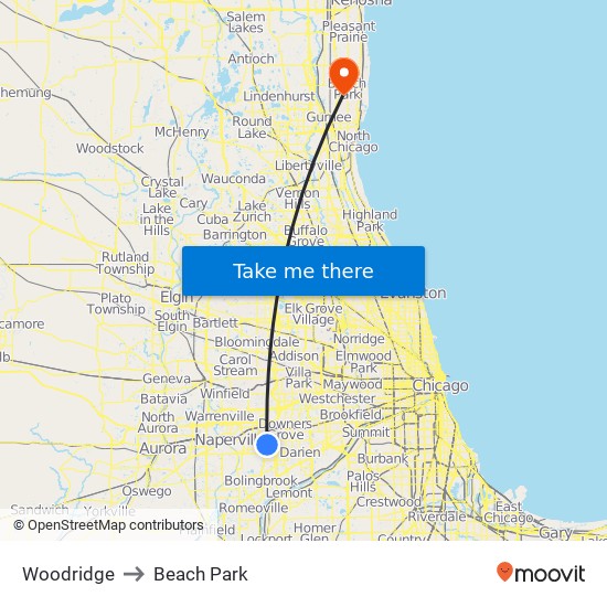 Woodridge to Beach Park map