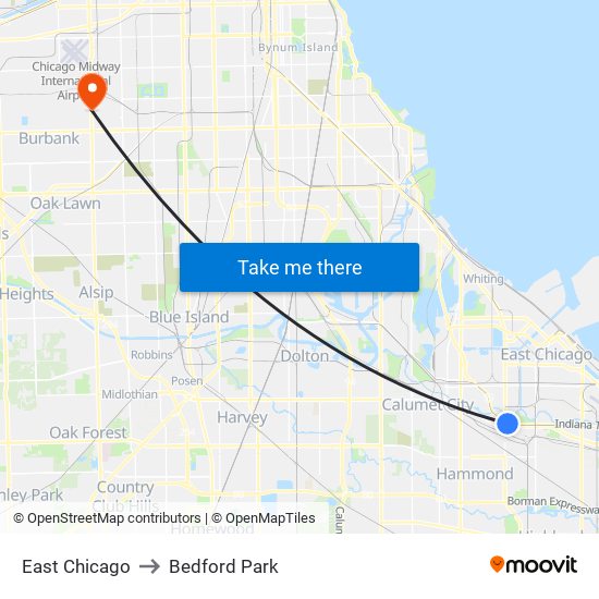 East Chicago to Bedford Park map