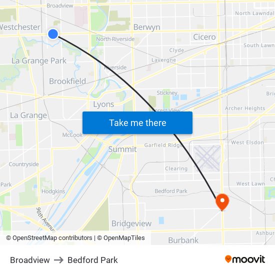 Broadview to Bedford Park map