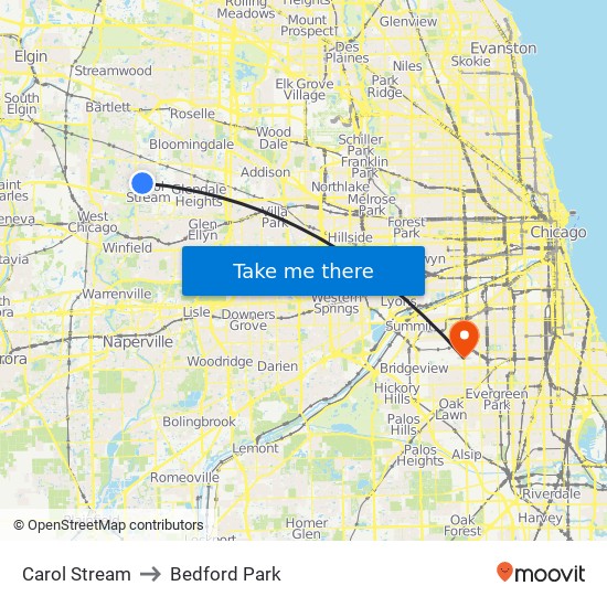 Carol Stream to Bedford Park map