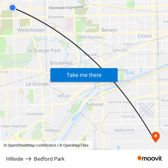 Hillside to Bedford Park map