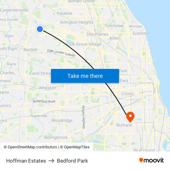 Hoffman Estates to Bedford Park map