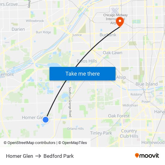 Homer Glen to Bedford Park map