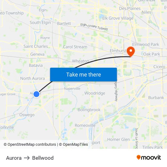 Aurora to Bellwood map