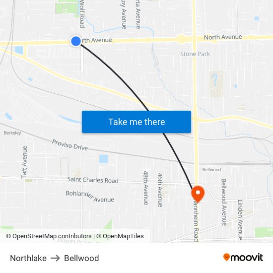 Northlake to Bellwood map