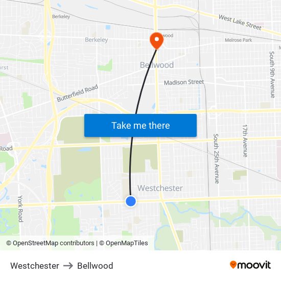 Westchester to Bellwood map