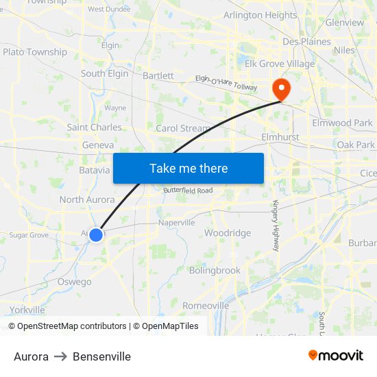 Aurora to Bensenville map