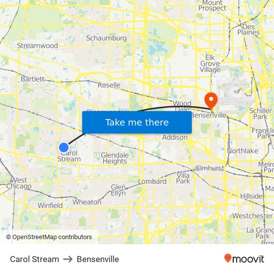 Carol Stream to Bensenville map