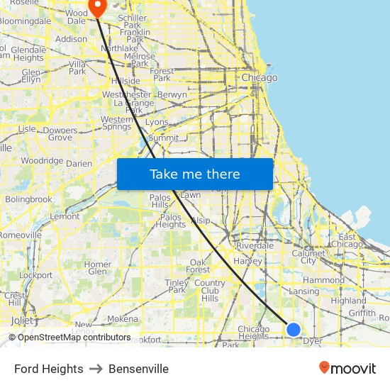 Ford Heights to Bensenville map