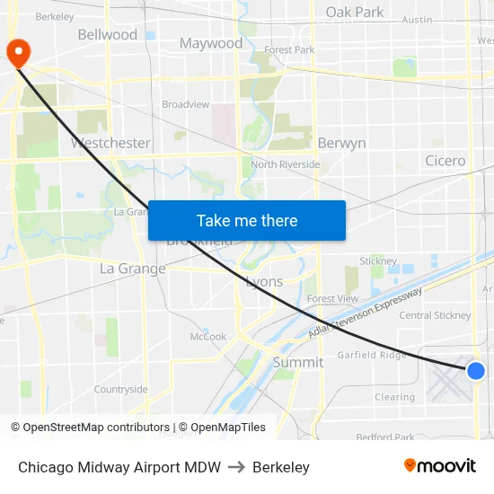 Chicago Midway Airport MDW to Berkeley map