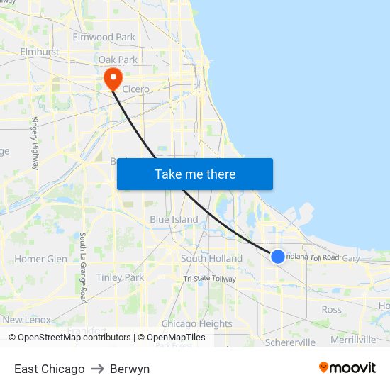East Chicago to Berwyn map