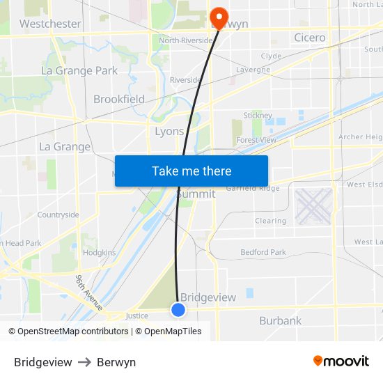 Bridgeview to Berwyn map