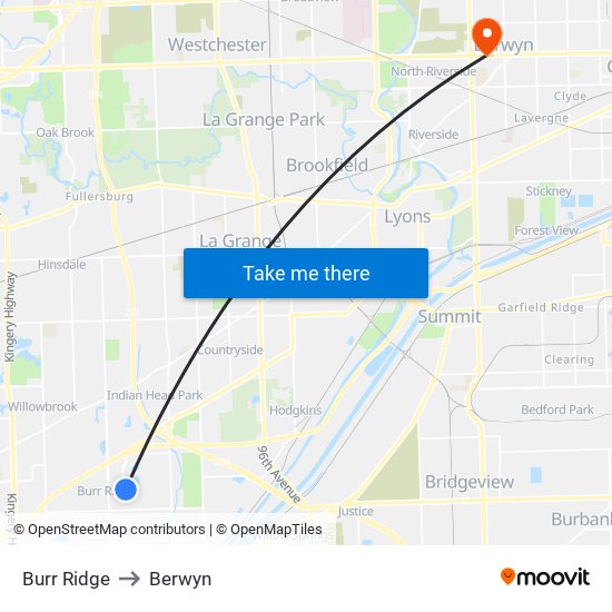 Burr Ridge to Berwyn map