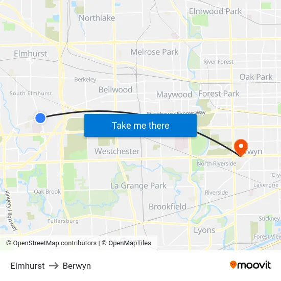 Elmhurst to Berwyn map