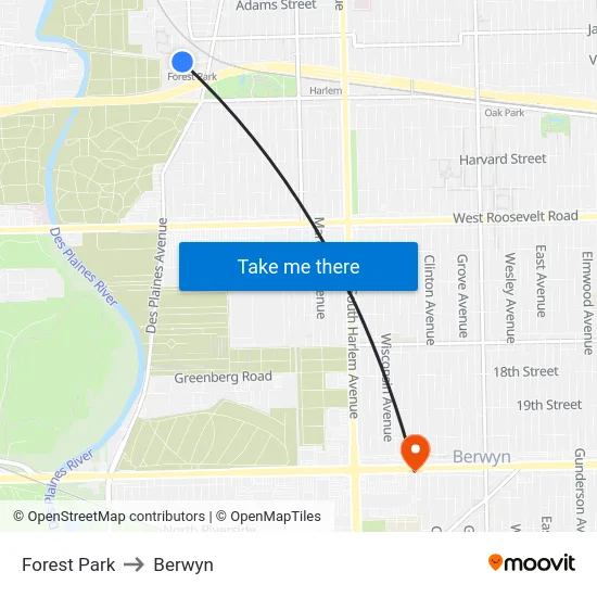 Forest Park to Berwyn map