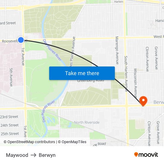 Maywood to Berwyn map