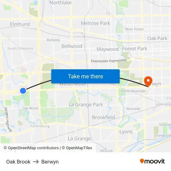 Oak Brook to Berwyn map