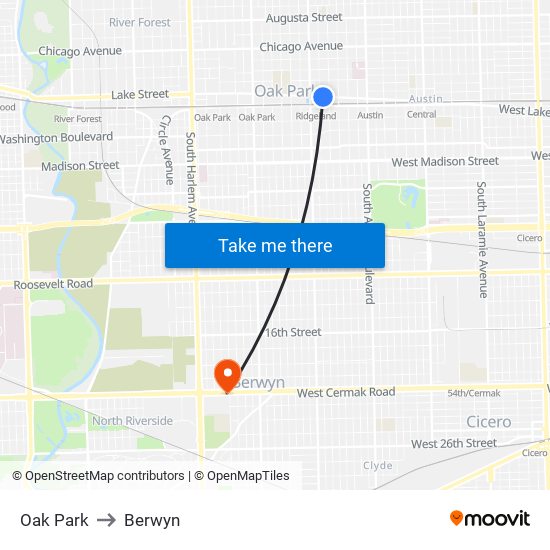 Oak Park to Berwyn map