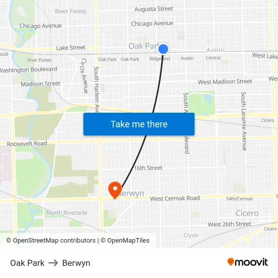 Oak Park to Berwyn map