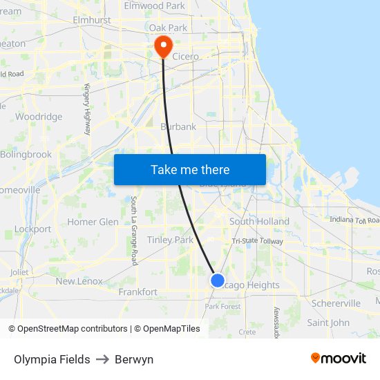 Olympia Fields to Berwyn map