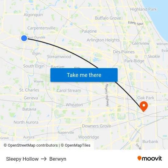 Sleepy Hollow to Berwyn map