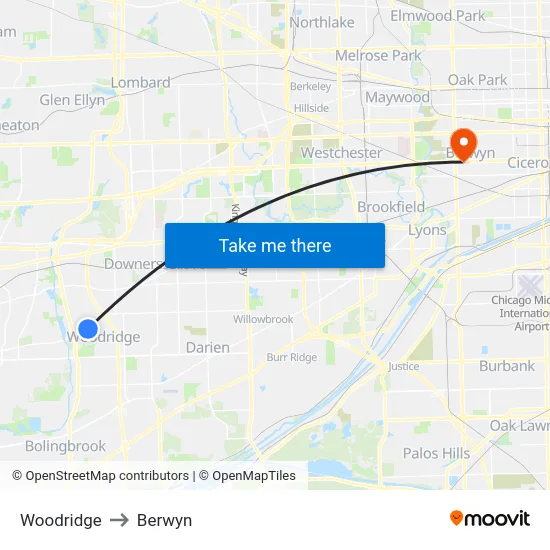 Woodridge to Berwyn map