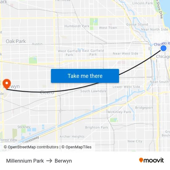 Millennium Park to Berwyn map
