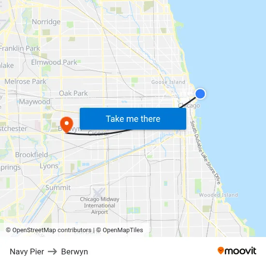 Navy Pier to Berwyn map