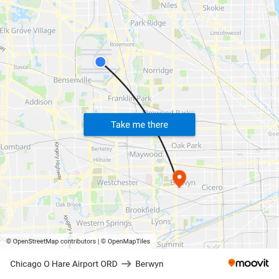Chicago O Hare Airport ORD to Berwyn map