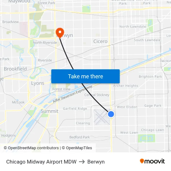 Chicago Midway Airport MDW to Berwyn map