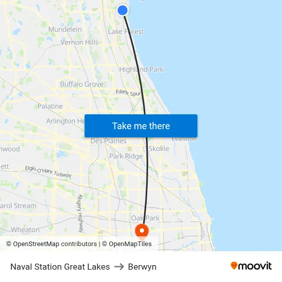 Naval Station Great Lakes to Berwyn map