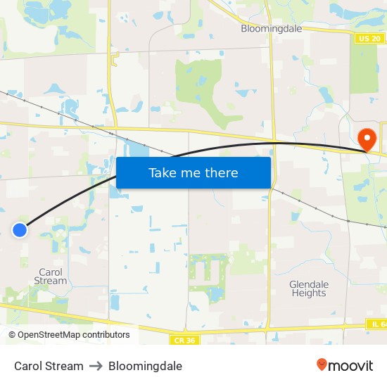 Carol Stream to Bloomingdale map