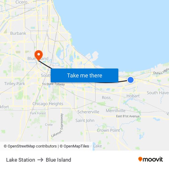 Lake Station to Blue Island map