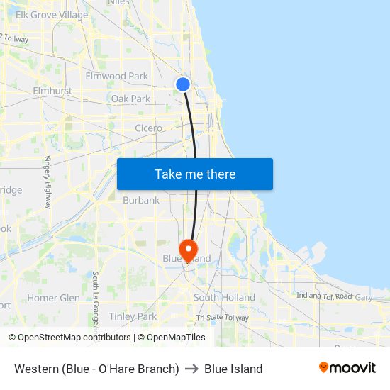 Western (Blue - O'Hare Branch) to Blue Island map