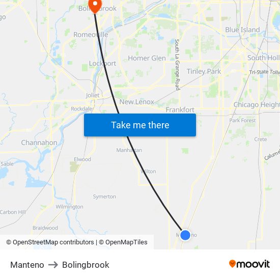 Manteno to Bolingbrook map