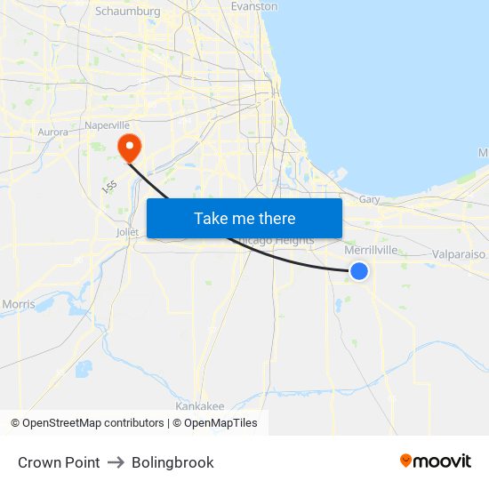 Crown Point to Bolingbrook map