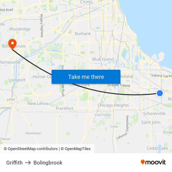Griffith to Bolingbrook map