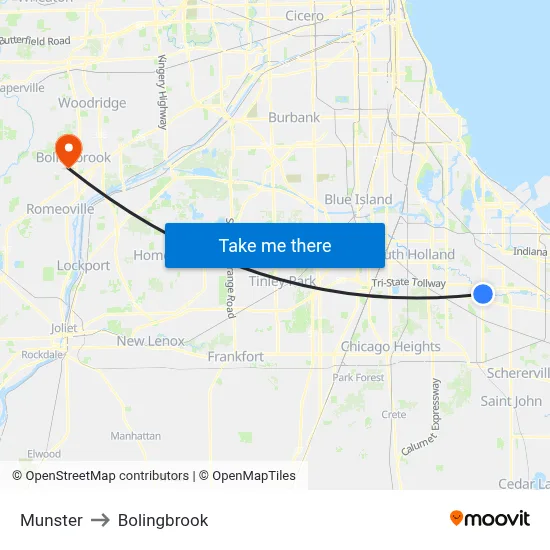 Munster to Bolingbrook map