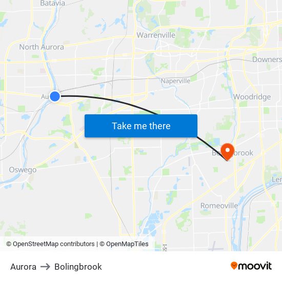 Aurora to Bolingbrook map