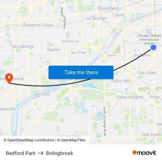 Bedford Park to Bolingbrook map