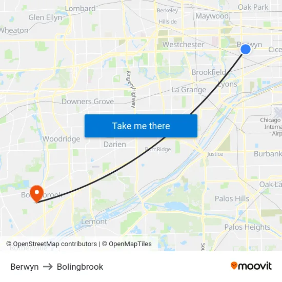 Berwyn to Bolingbrook map