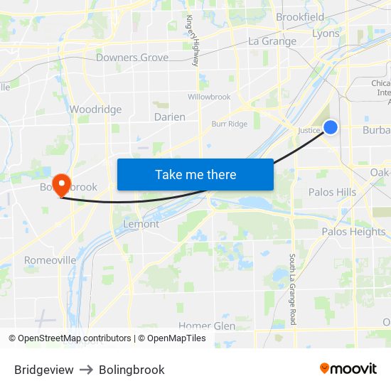 Bridgeview to Bolingbrook map