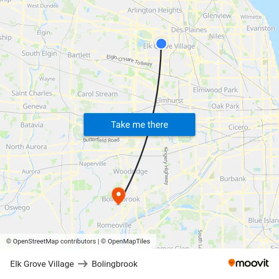 Elk Grove Village to Bolingbrook map