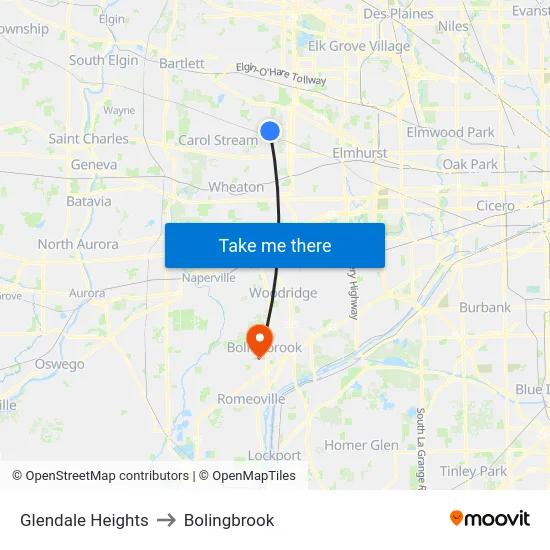 Glendale Heights to Bolingbrook map