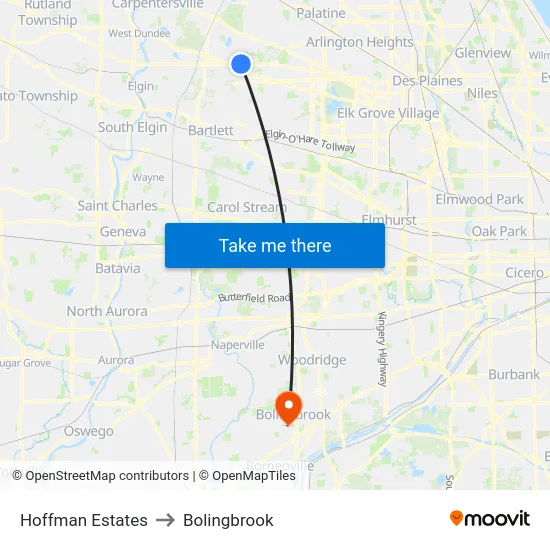 Hoffman Estates to Bolingbrook map
