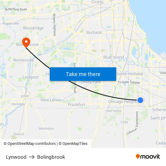 Lynwood to Bolingbrook map