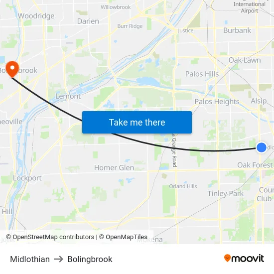Midlothian to Bolingbrook map