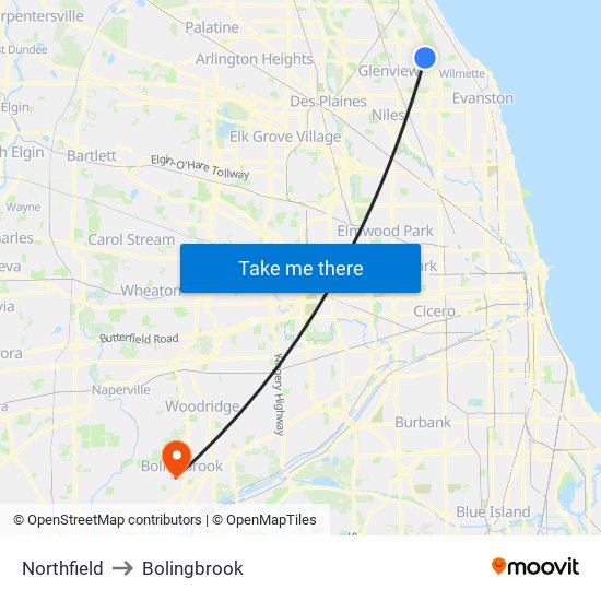 Northfield to Bolingbrook map