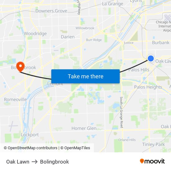 Oak Lawn to Bolingbrook map